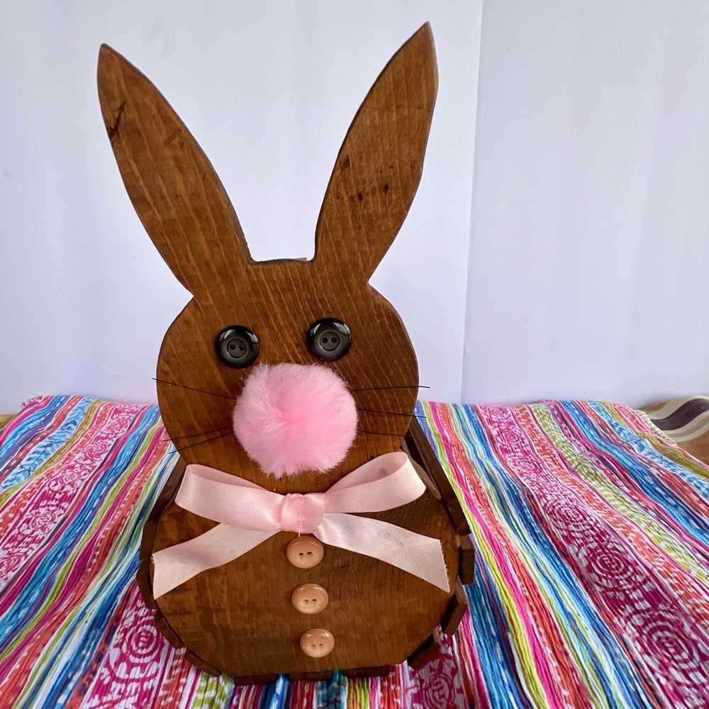RUSTIC WOODEN BUNNY BASKET HANDCRAFTED - Picture 2 of 6